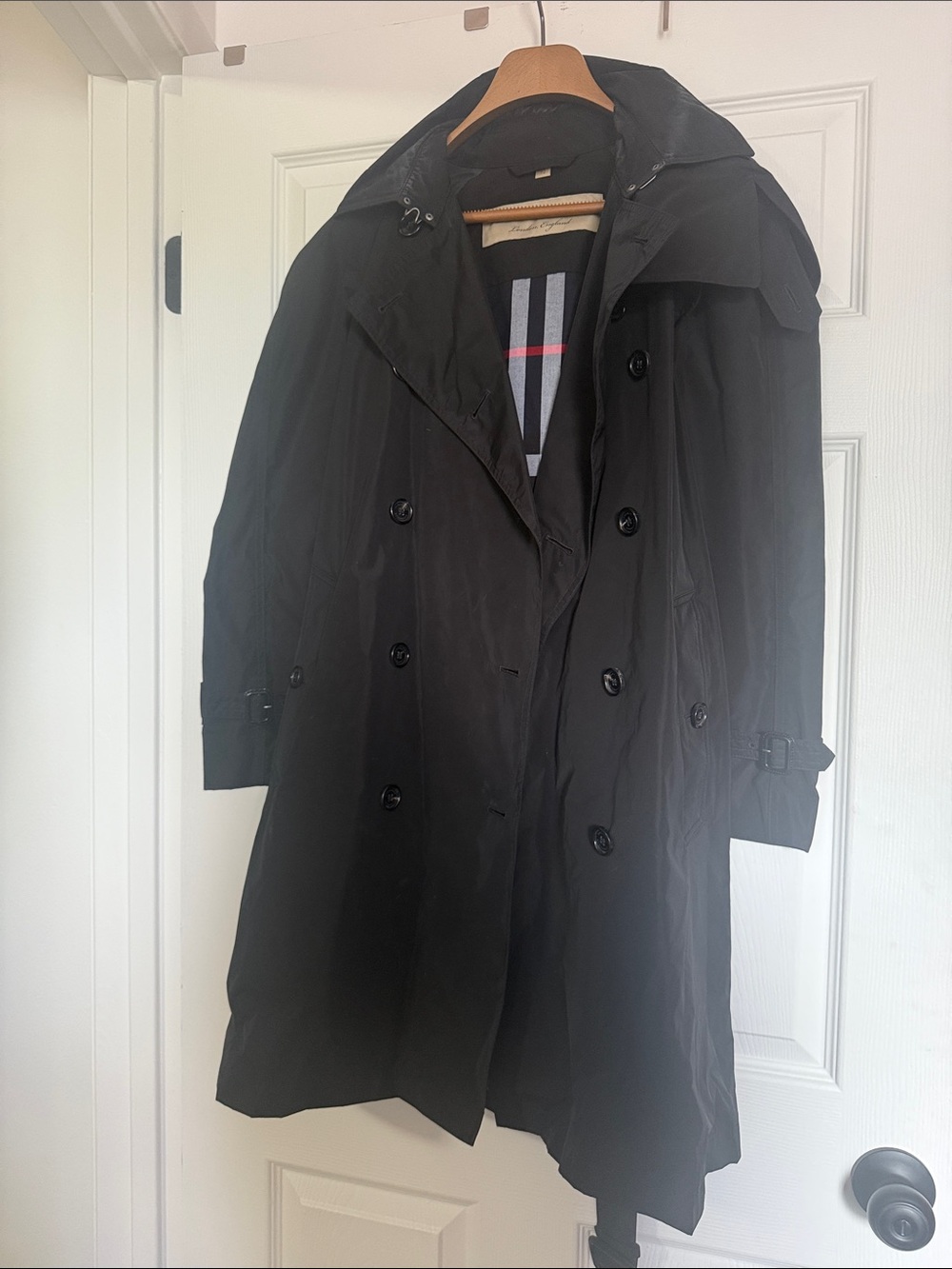 Burberry trench coat with hood black London England plaid size 4